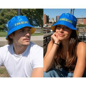 IKEA Knorva Blue Bucket Hat Yellow Lining Logo Band Festival Rain Hat